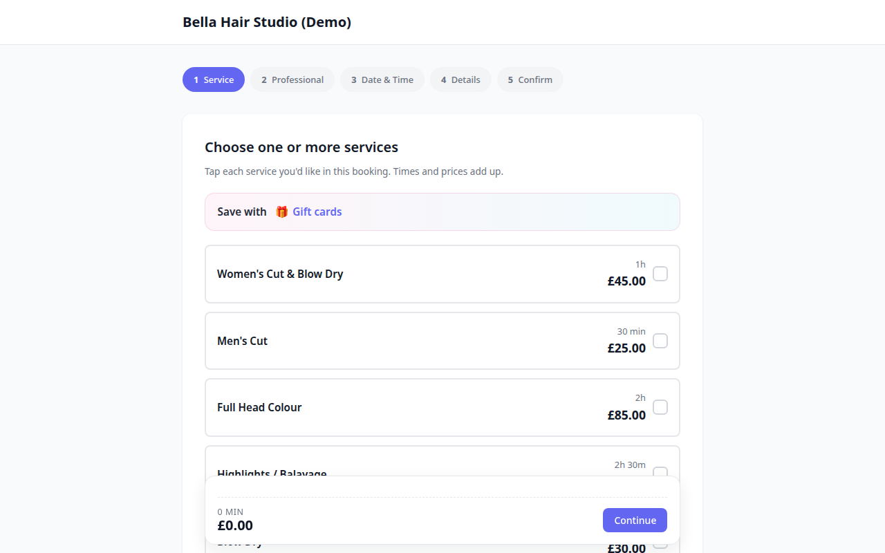 Velixa booking widget — service selection step on a hosted booking page